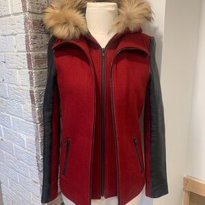 SOIA & KYO | XS | Women's Wool & Leather Red Jacket with fur
